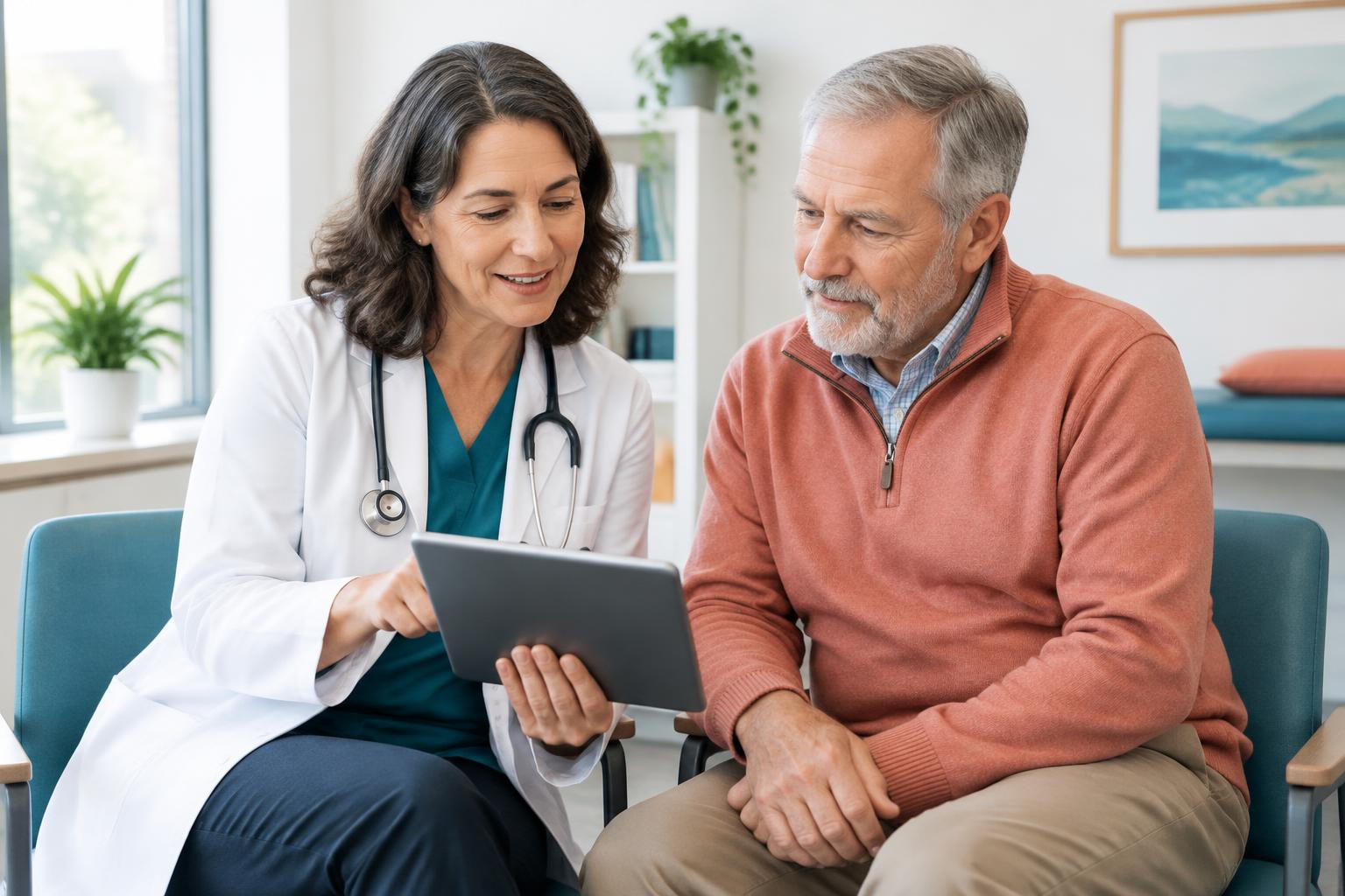 Illustration of a clinician and patient reviewing a tablet together